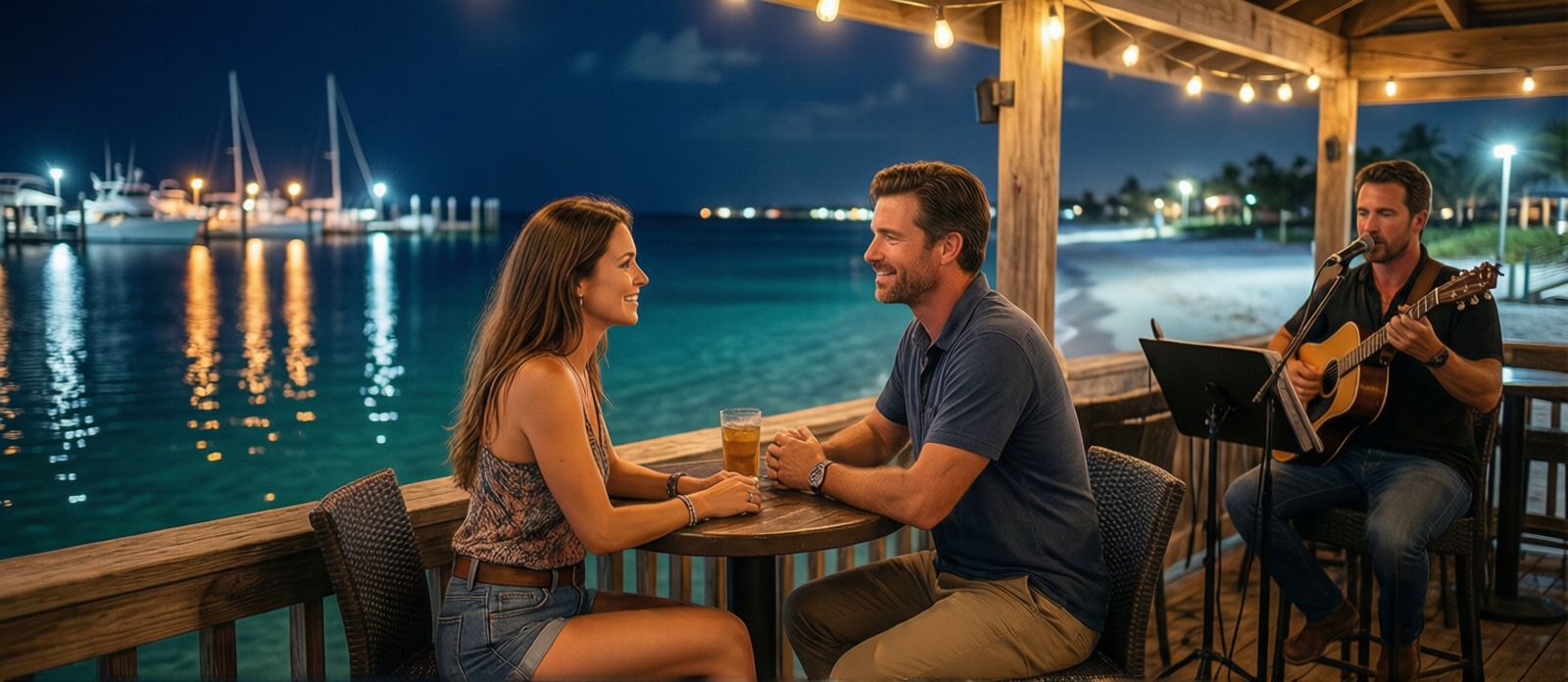 Couple at outdoor waterfront bar in Destin Florida listening to live band at night with harbor lights reflecting on water