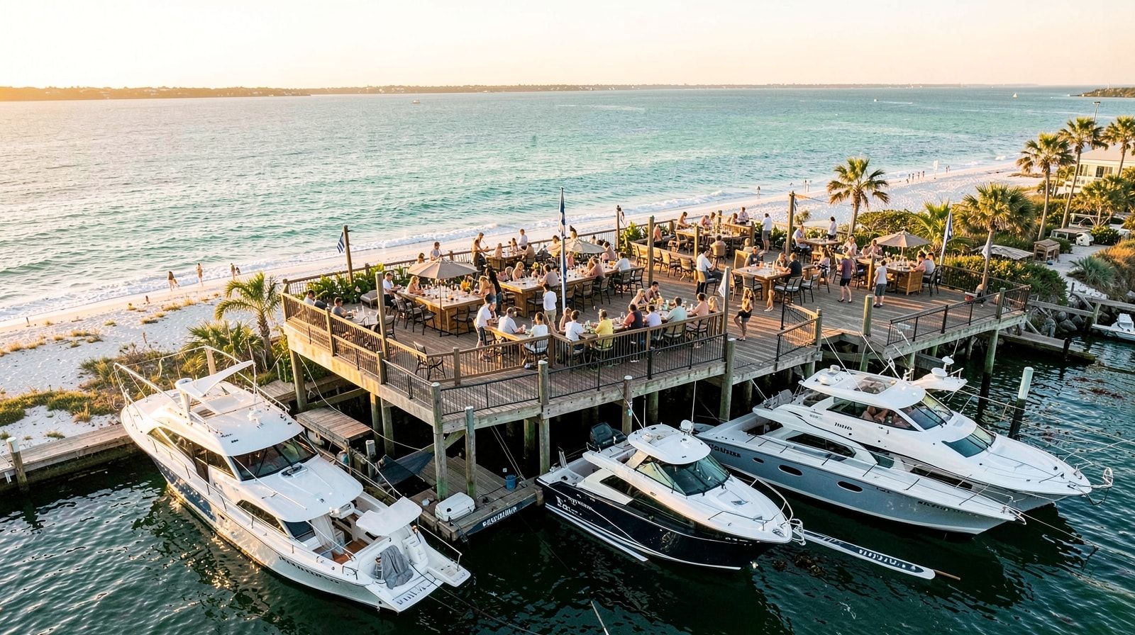 Multi-level outdoor bar deck at Destin HarborWalk with charter boats docked below at golden hour