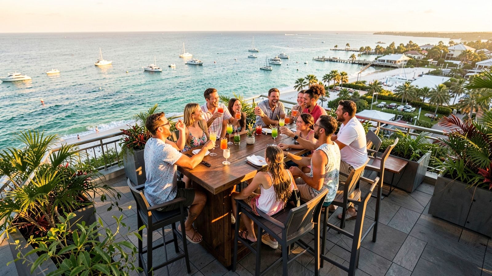 Friends enjoying cocktails at an elevated outdoor bar in Destin Florida at golden hour with harbor views