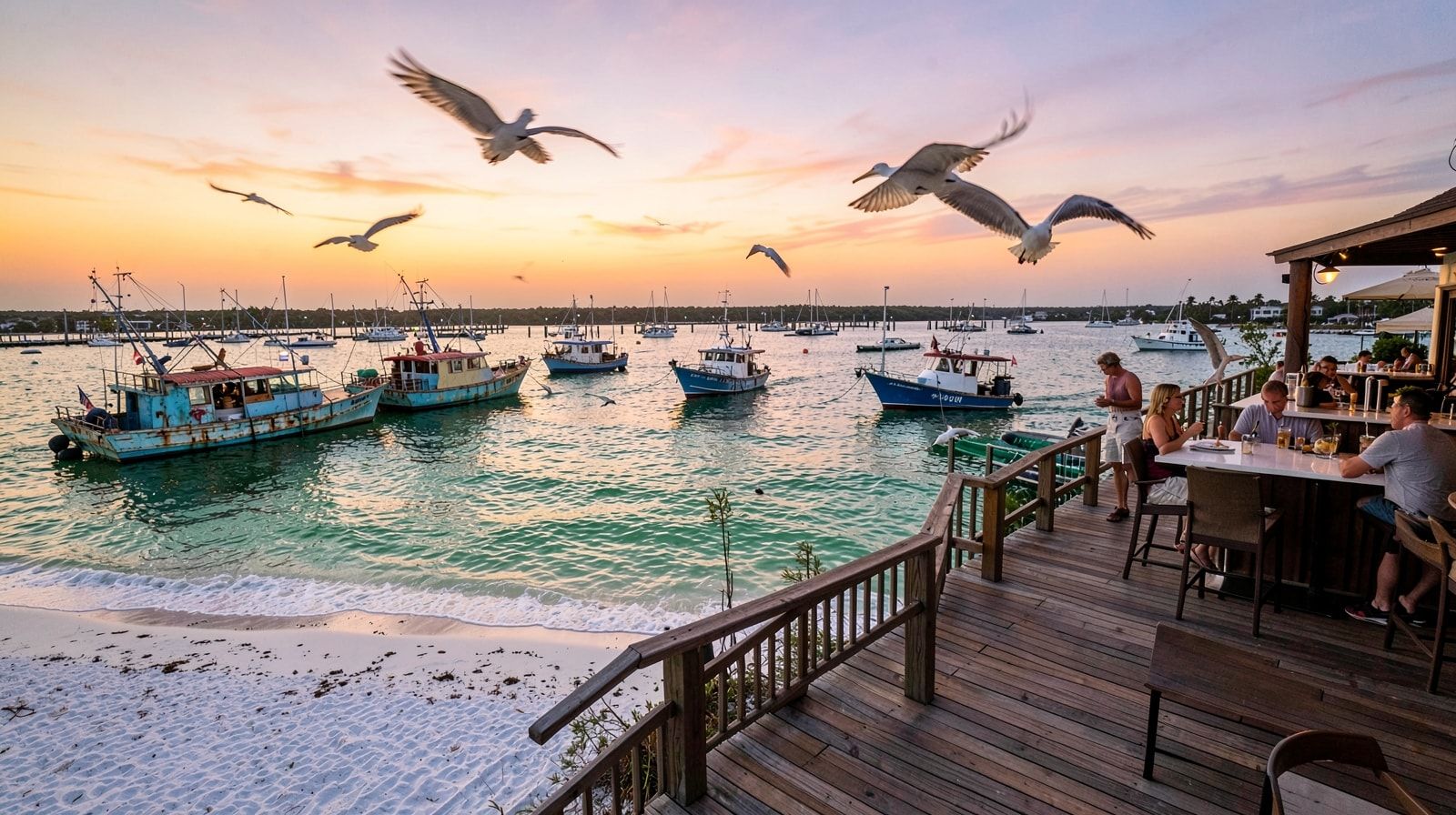 Elevated outdoor deck at a Destin Harbor seafood restaurant with fishing boats and pelicans at dusk