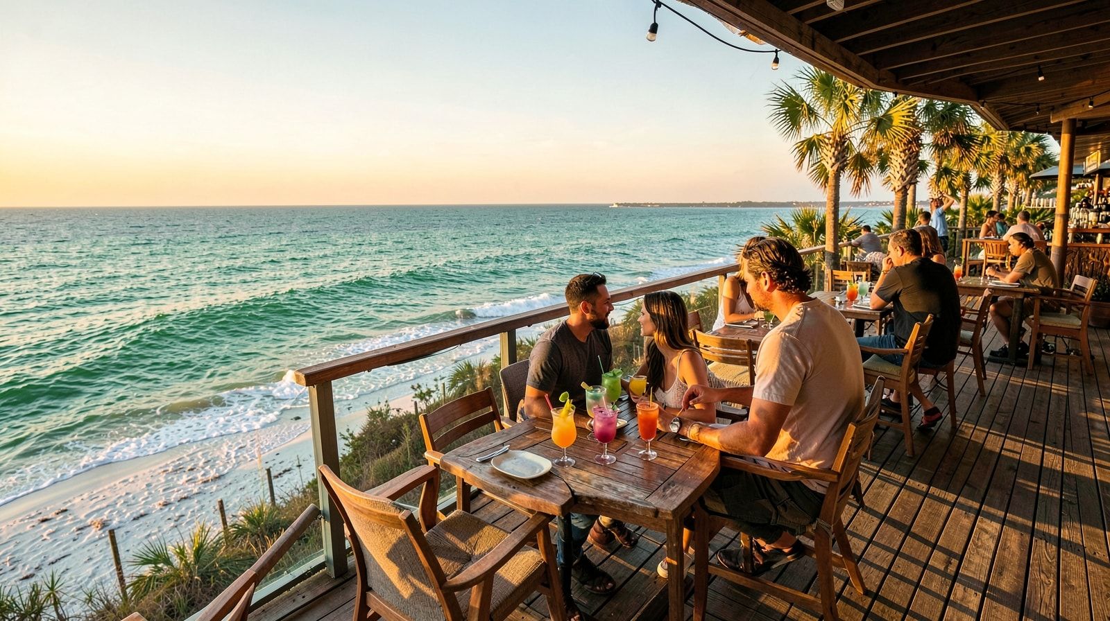Casual elevated restaurant patio in Miramar Beach Florida with Gulf views and couples enjoying cocktails at sunset