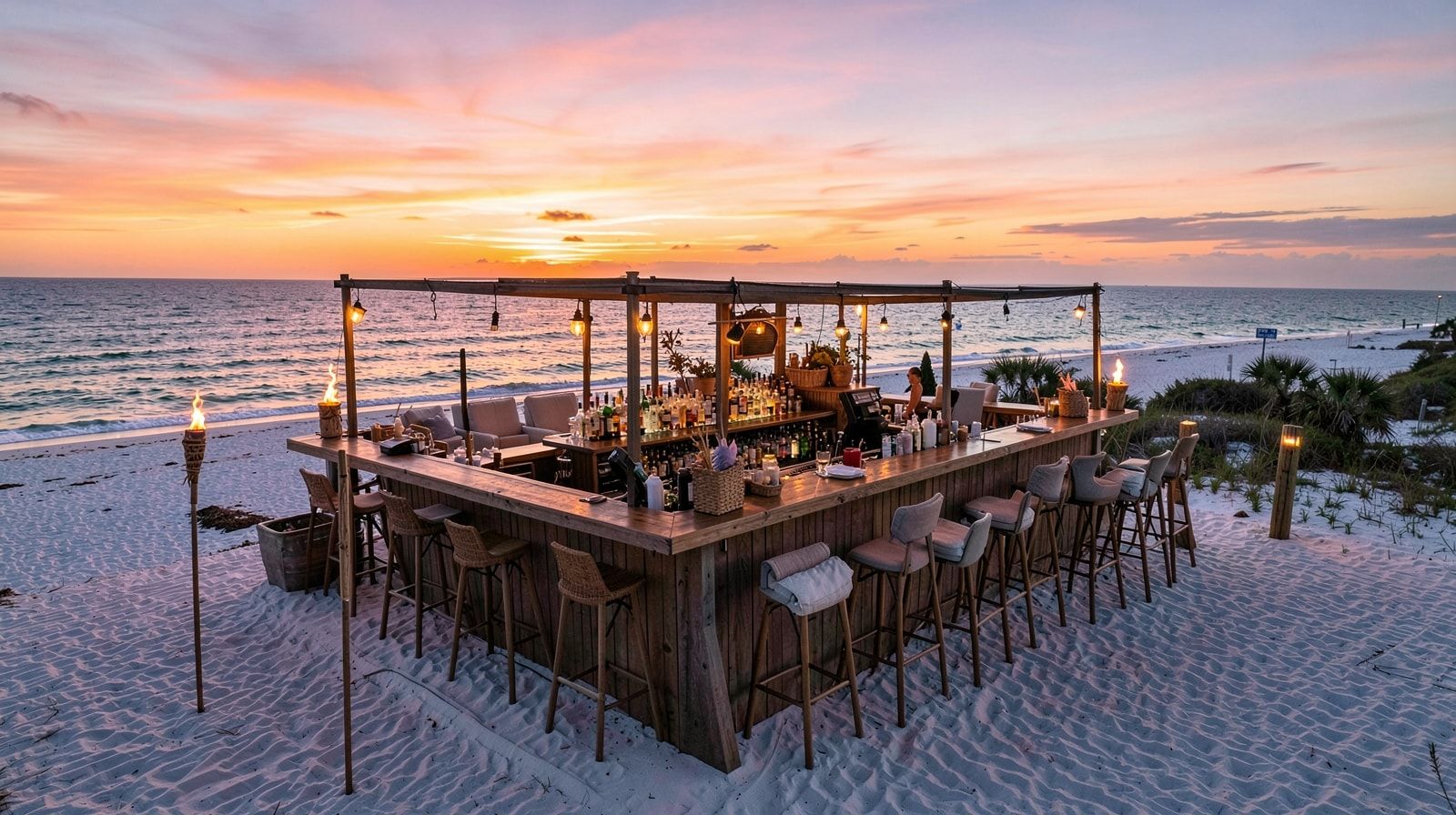 Open-air rooftop bar in Rosemary Beach Florida at sunset with Gulf of Mexico on the horizon and tiki torches
