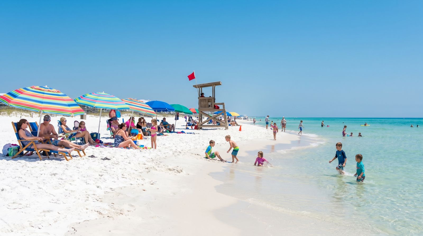Clear blue skies and turquoise water on a Destin beach during peak season