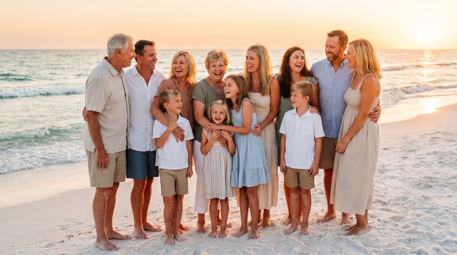Family building sandcastles on Destin beach with kids