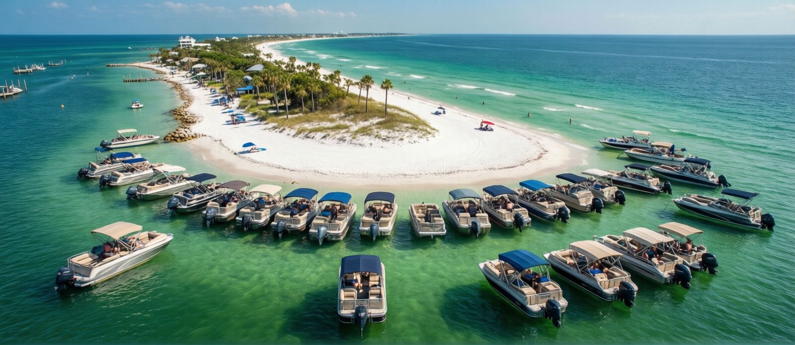 Aerial view of Crab Island sandbar in Destin Florida crowded with pontoon boats anchored in emerald shallow water on a bright summer day