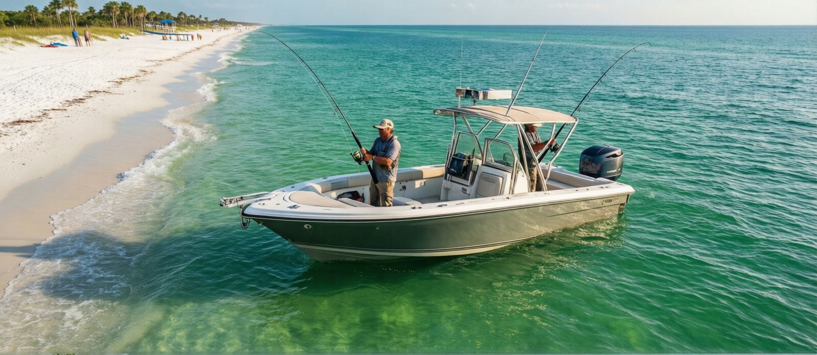 Two anglers on a center console rental boat fishing nearshore reefs in crystal green Gulf of Mexico water off Destin Florida on a calm morning