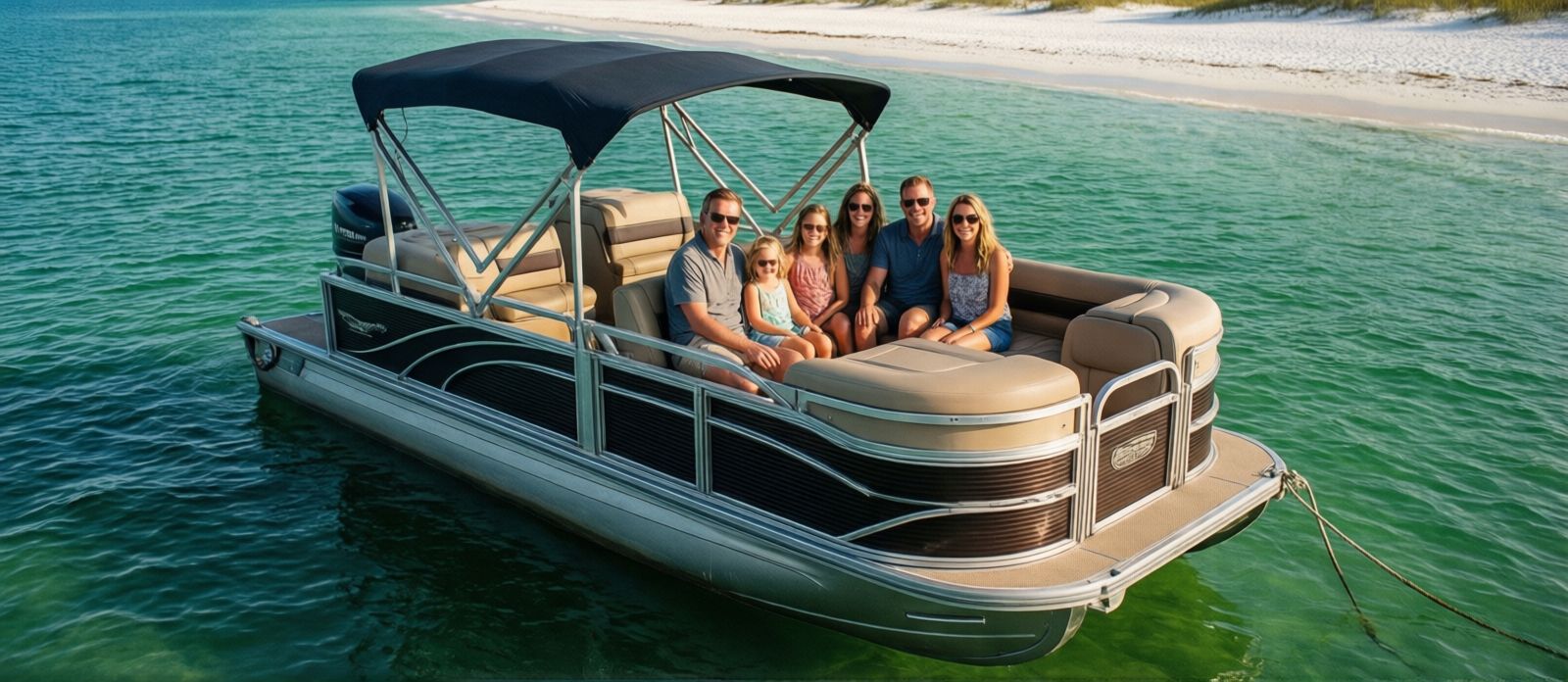 Happy family on a rented pontoon boat anchored near Crab Island in Destin with emerald green water and sandbar visible in background