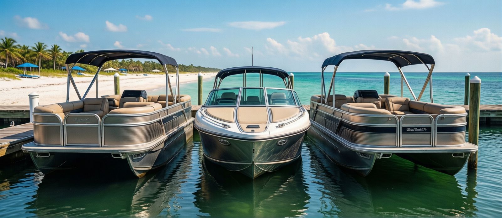 Row of pontoon boats and center console boats docked at Destin Harbor marina on a sunny Florida summer day