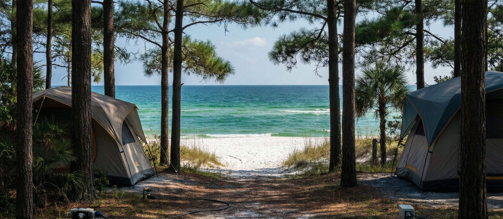 Shaded campsite at Grayton Beach State Park Florida with pine trees, an electric hookup site, and a coastal dune lake visible through the trees