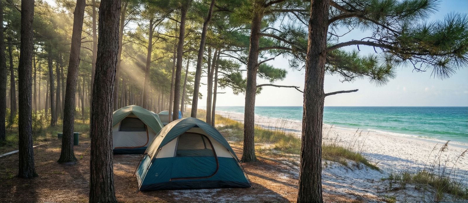 Tent campsite under slash pine trees at Henderson Beach State Park in Destin Florida, morning light filtering through the canopy