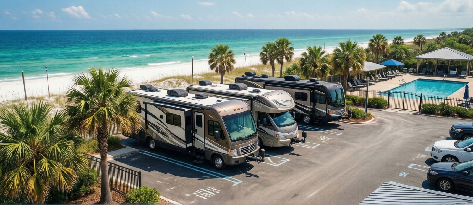 Modern RV park near Destin Florida with palm trees, paved full-hookup sites, and a swimming pool, bright summer day