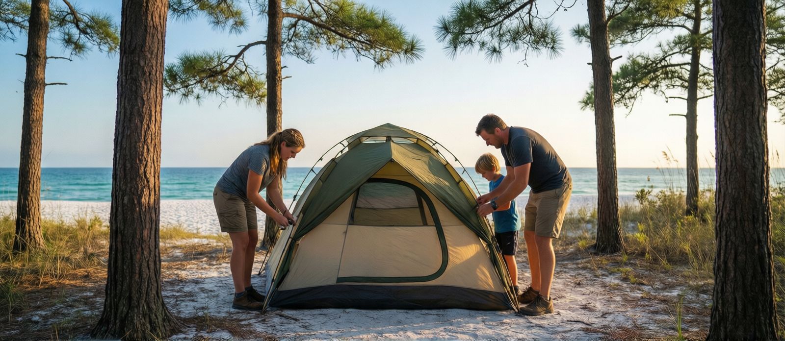 Family setting up camp early morning at a Florida Gulf Coast state park, parents and kids staking a tent among tall pine trees, morning light