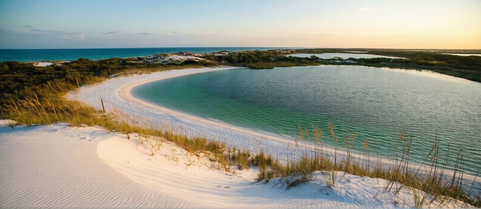 Pristine white sand dunes and a clear coastal dune lake at Topsail Hill Preserve State Park near Destin Florida at golden hour