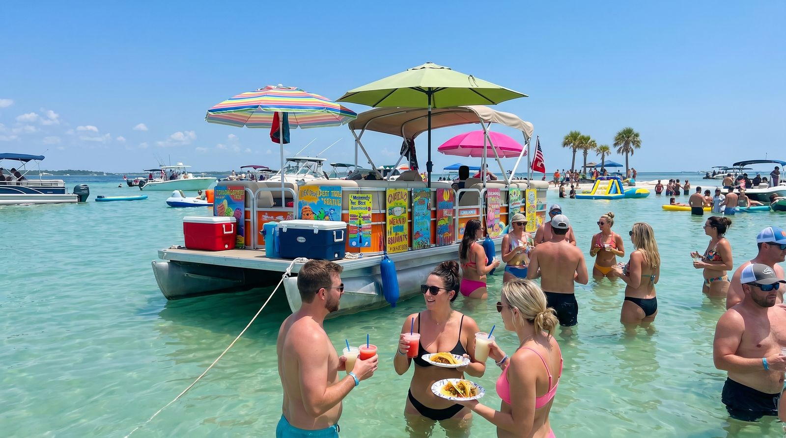 Small permitted food vendor boat at Crab Island Destin serving snacks and non-alcoholic drinks to visitors wading in the shallow water