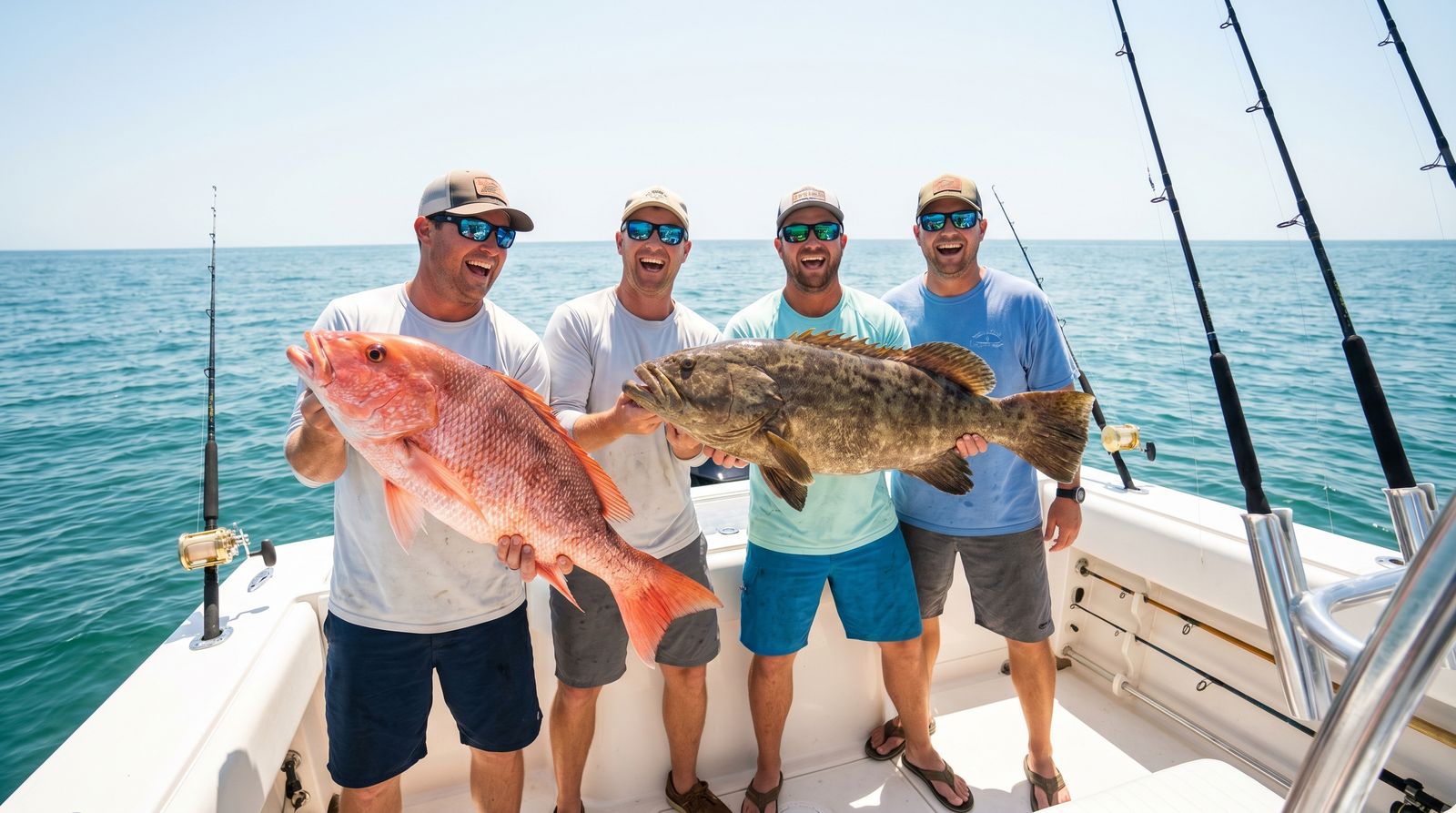 Men holding large red snapper and grouper catches on a deep sea fishing charter in the Gulf of Mexico off Destin Florida