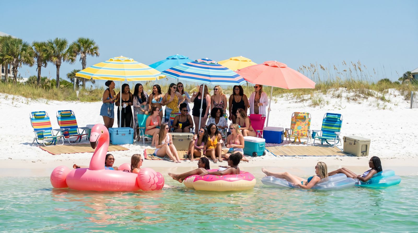 Group of women on the white sand beach in Destin with colorful floats and umbrellas