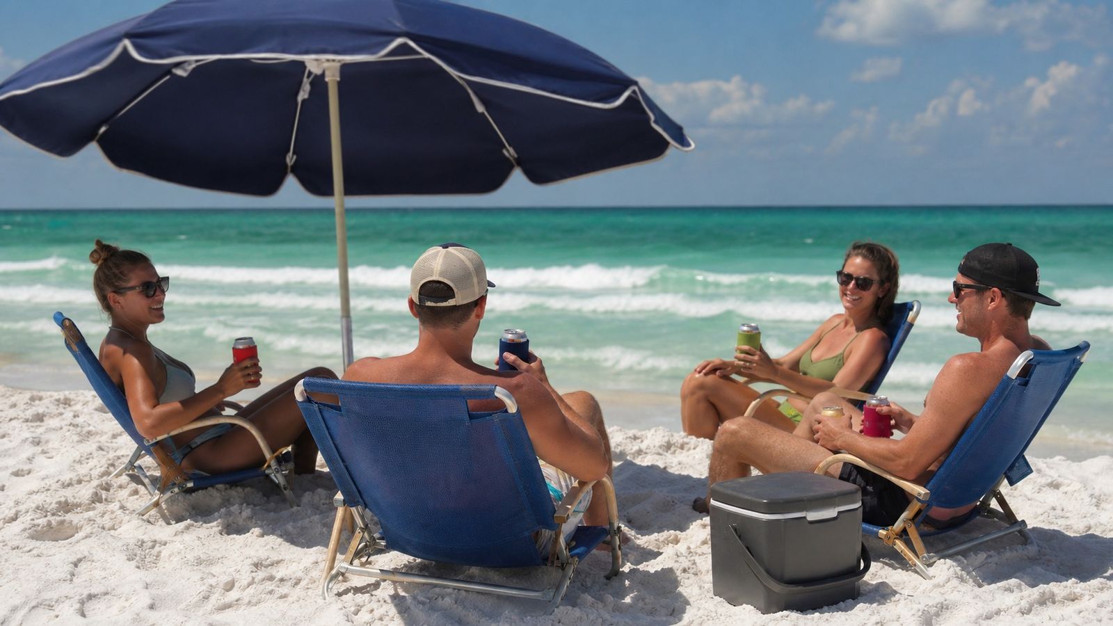 Four adults relaxing in beach chairs on white Destin sand with canned drinks and a cooler under a beach umbrella with the emerald Gulf in the background