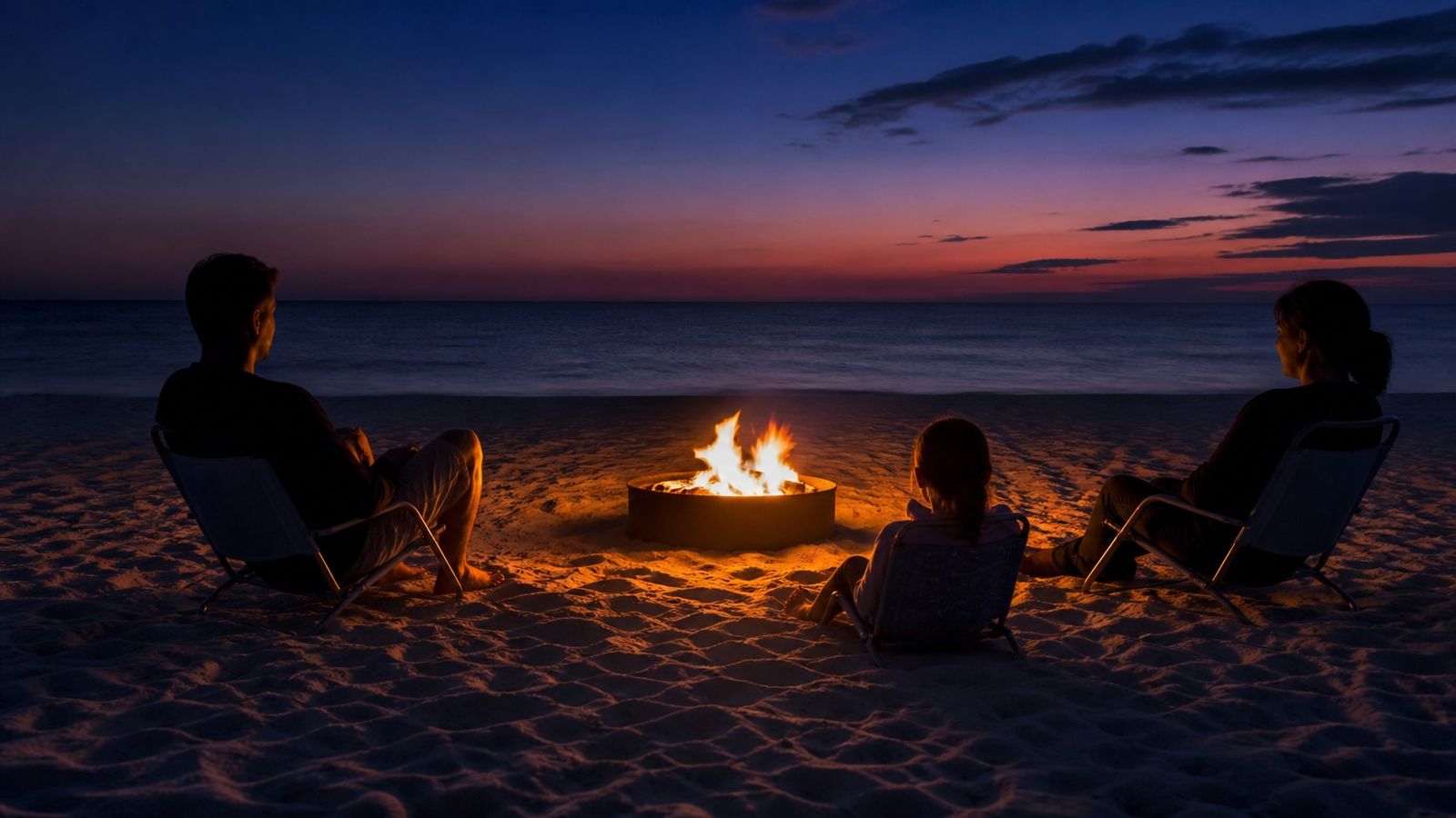Small family bonfire in a metal fire ring on white Destin beach sand at twilight with adult and child silhouettes and the dark Gulf in the background