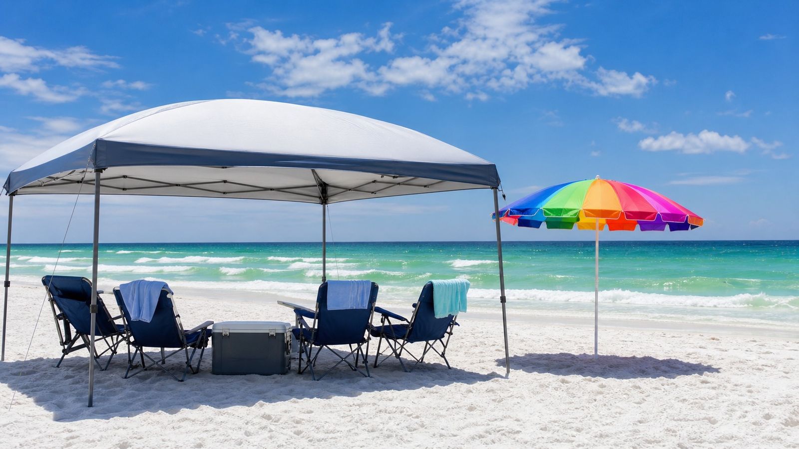 Family beach setup with a large pop-up canopy shelter and beach chairs on white Destin sand with turquoise Gulf water and waves in the background