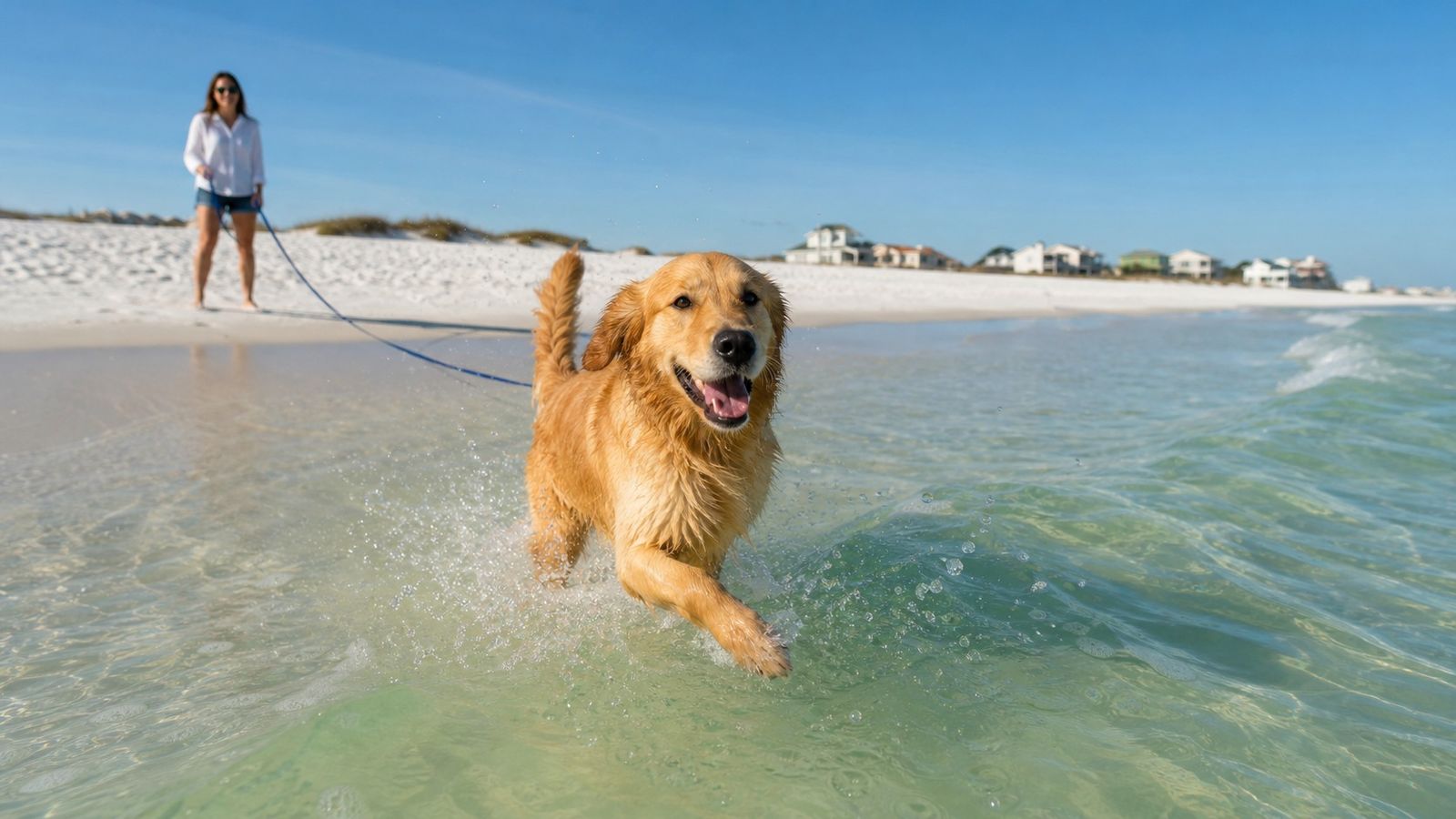 Golden retriever running joyfully through shallow emerald Gulf water at a Destin beach shoreline with owner visible on the sand behind on a sunny morning