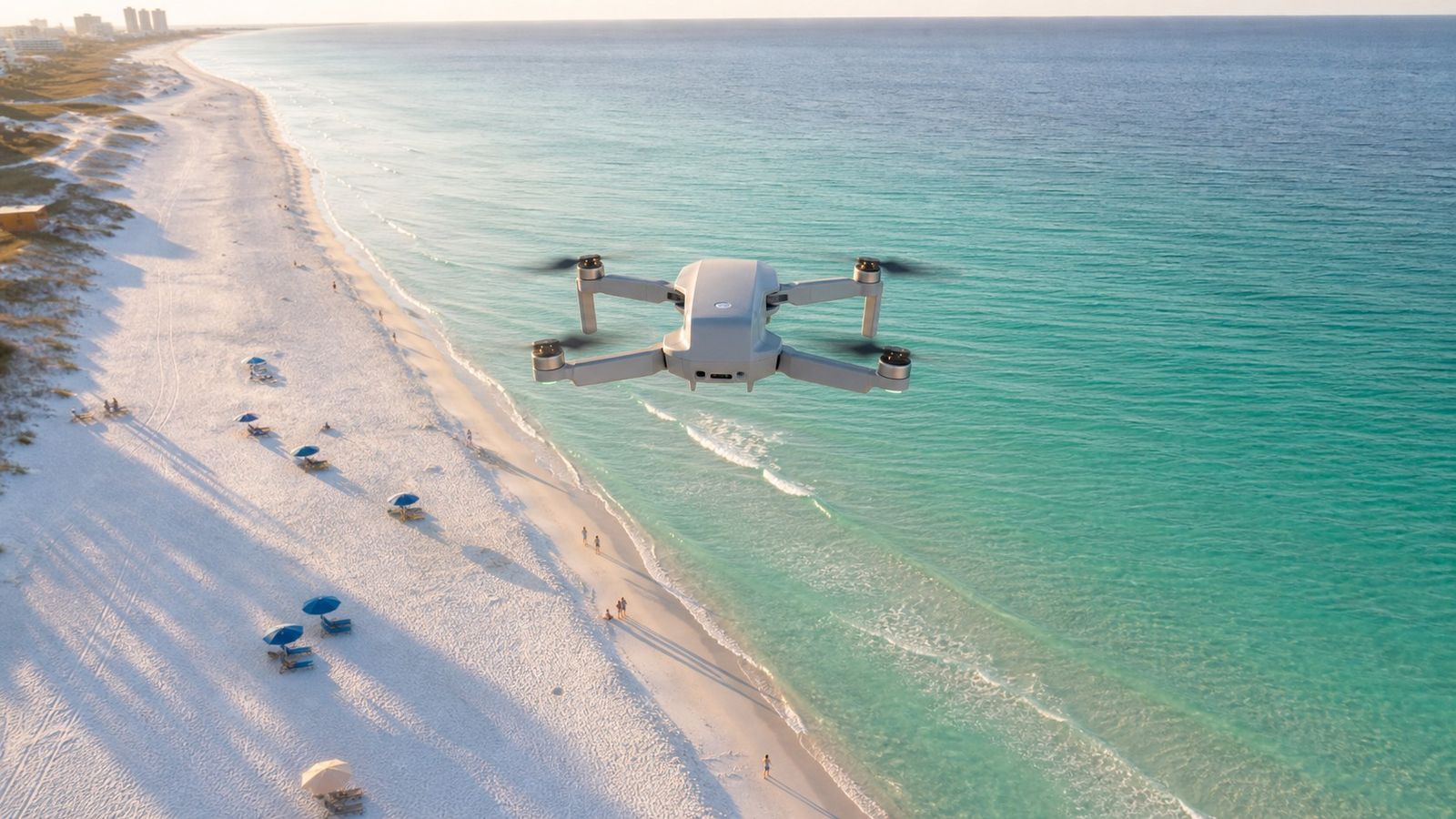 Small quadcopter drone hovering above white sand Gulf Coast beach in golden afternoon light with turquoise water and beach umbrellas visible below