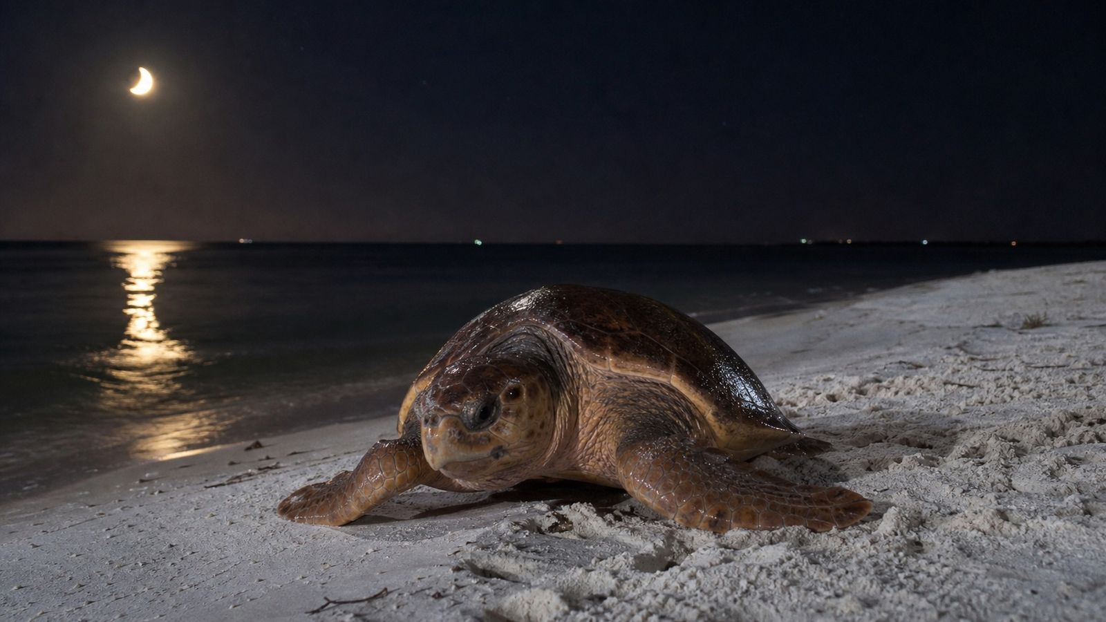 Loggerhead sea turtle emerging from dark nighttime Gulf water onto moonlit white sand Florida beach during nesting season with crescent moon reflection