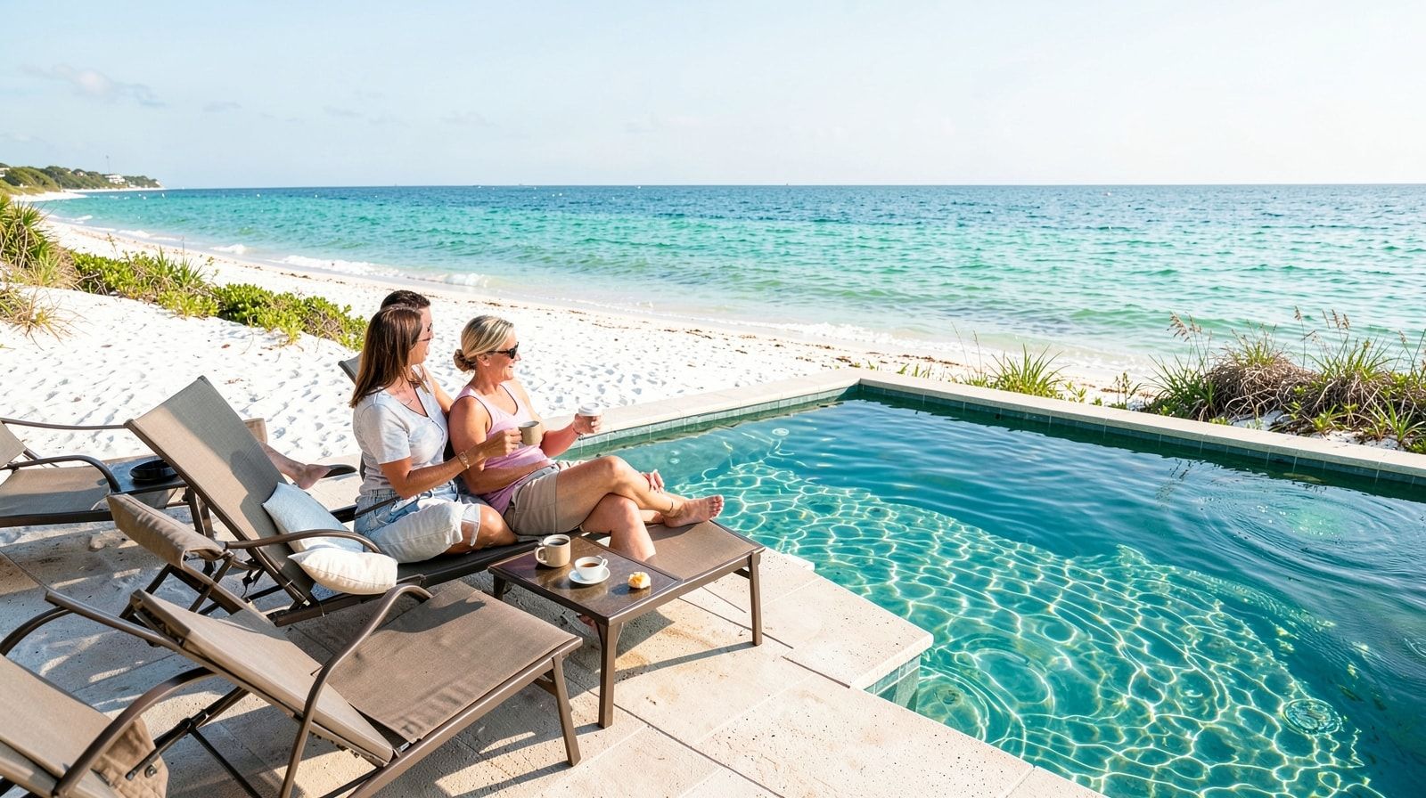 Couple relaxing with morning coffee beside a private pool at a vacation rental in Miramar Beach Florida