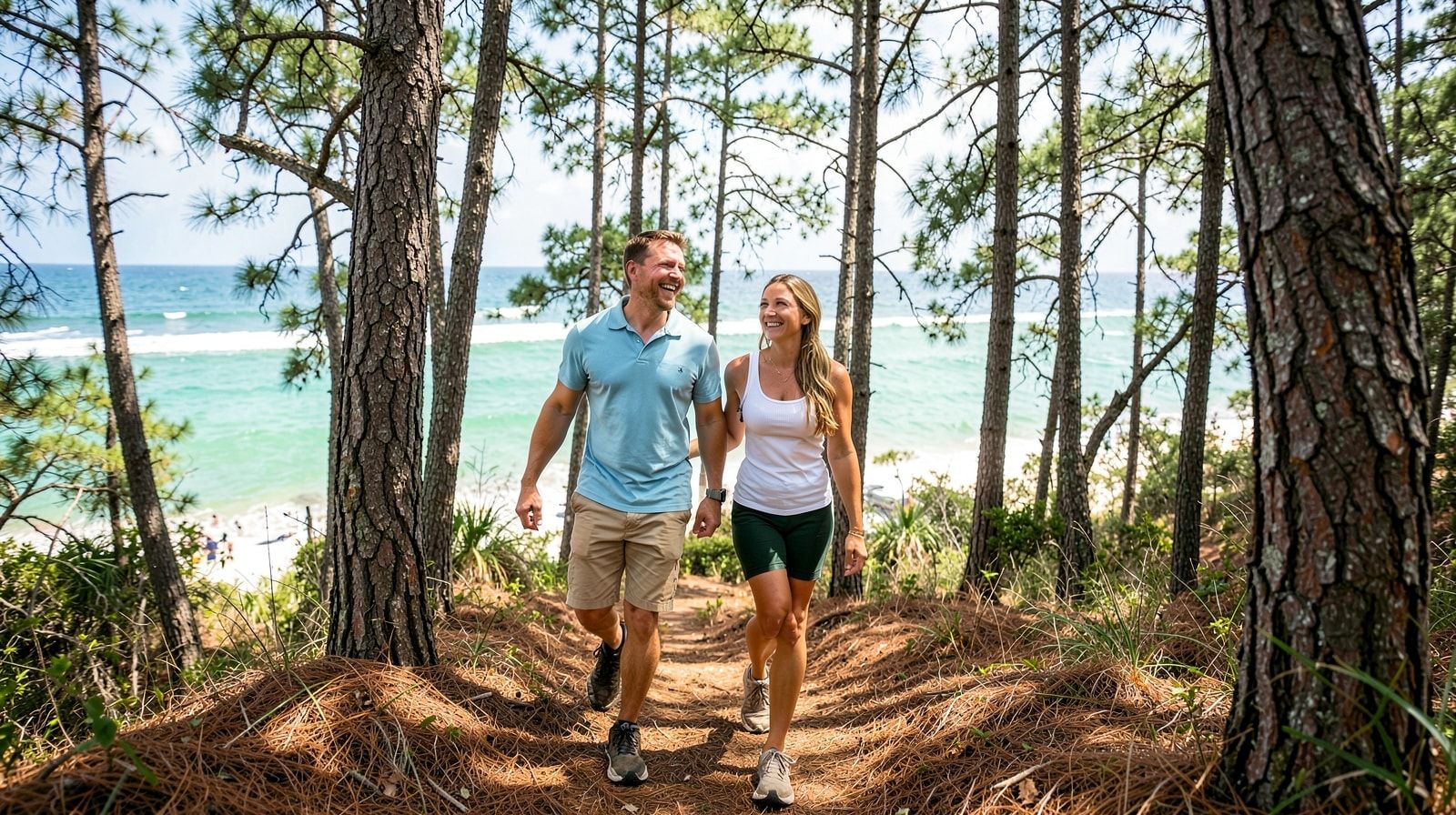 Couple hiking through a coastal pine forest trail at Topsail Hill Preserve State Park near Destin Florida