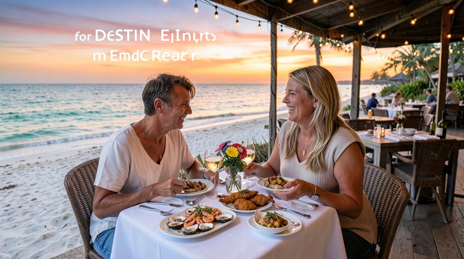 Couple enjoying an unhurried waterfront seafood dinner at an outdoor restaurant in Destin Florida at dusk