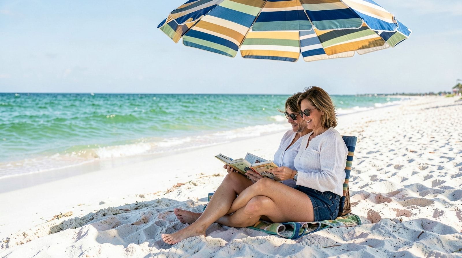Couple reading books under a beach umbrella on a quiet nearly empty Destin Florida beach in October