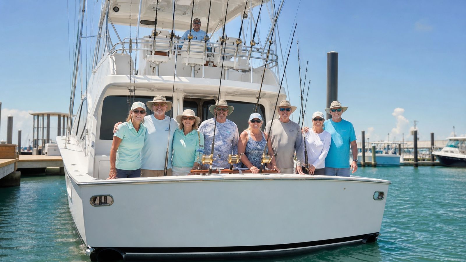 Group of smiling anglers gathered at the stern of an offshore charter boat docked at a Florida marina on a sunny morning