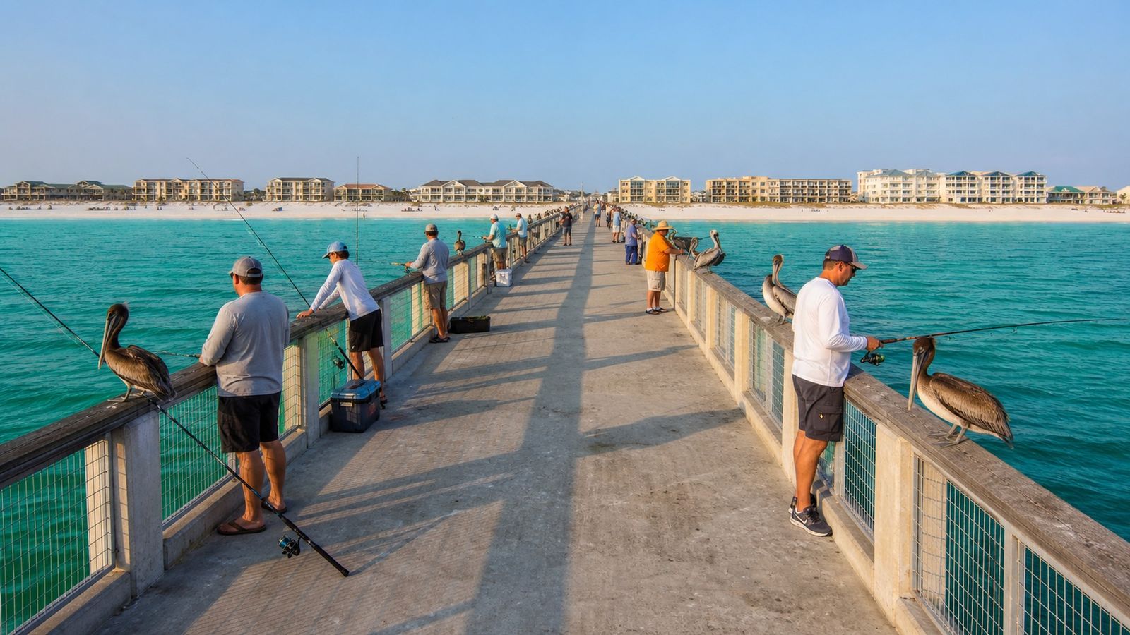 Anglers and pelicans sharing a long concrete fishing pier over turquoise Gulf water on the Florida Panhandle