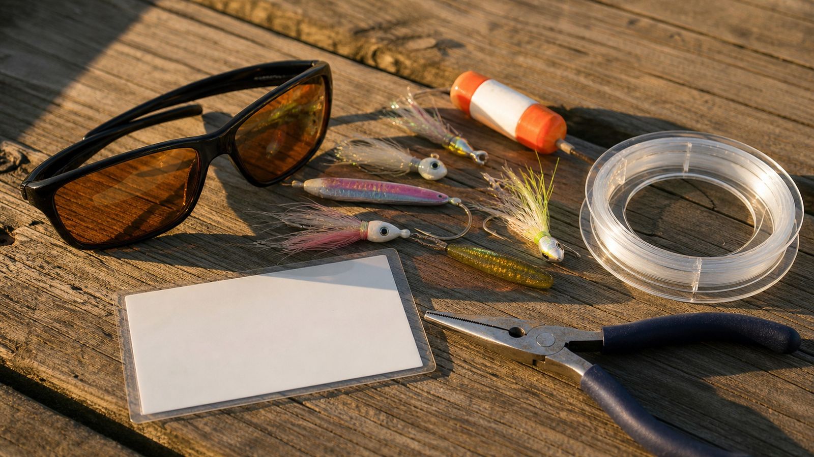 Fishing gear and a laminated license card arranged on weathered teak dock planks in warm morning light