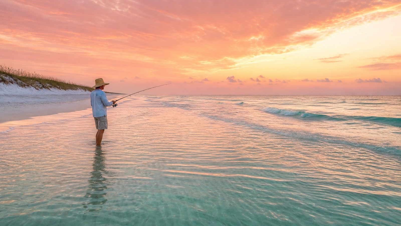 Lone angler casting a spinning rod into the emerald Gulf surf on a white-sand Florida Panhandle beach at sunrise