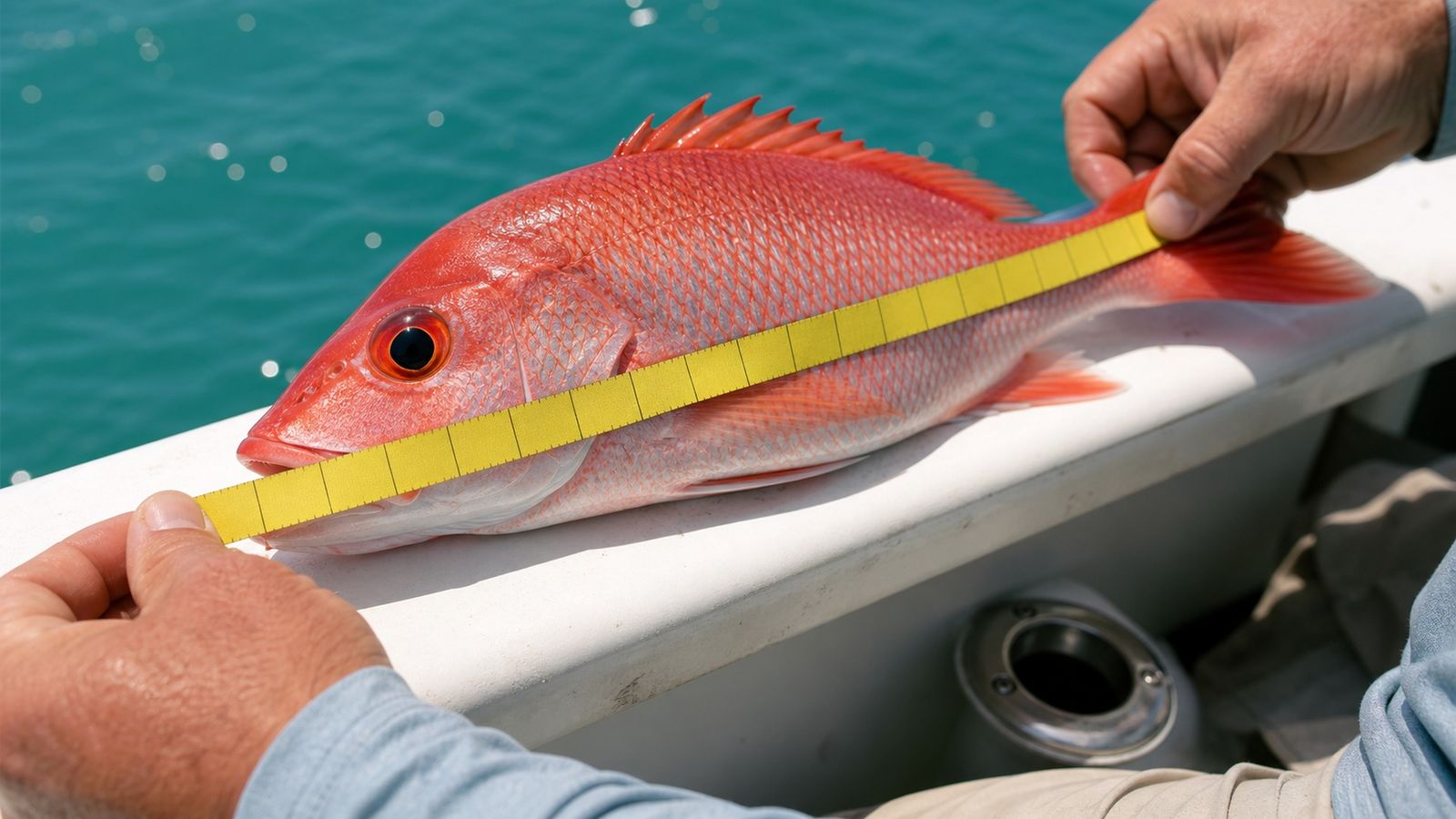 Angler measuring a fresh-caught red snapper alongside the white gunwale of a fishing boat on the Gulf