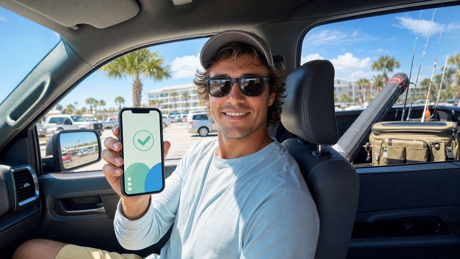 Person confirming a fishing license purchase on their smartphone in a sunny Florida parking lot with fishing gear in the truck bed