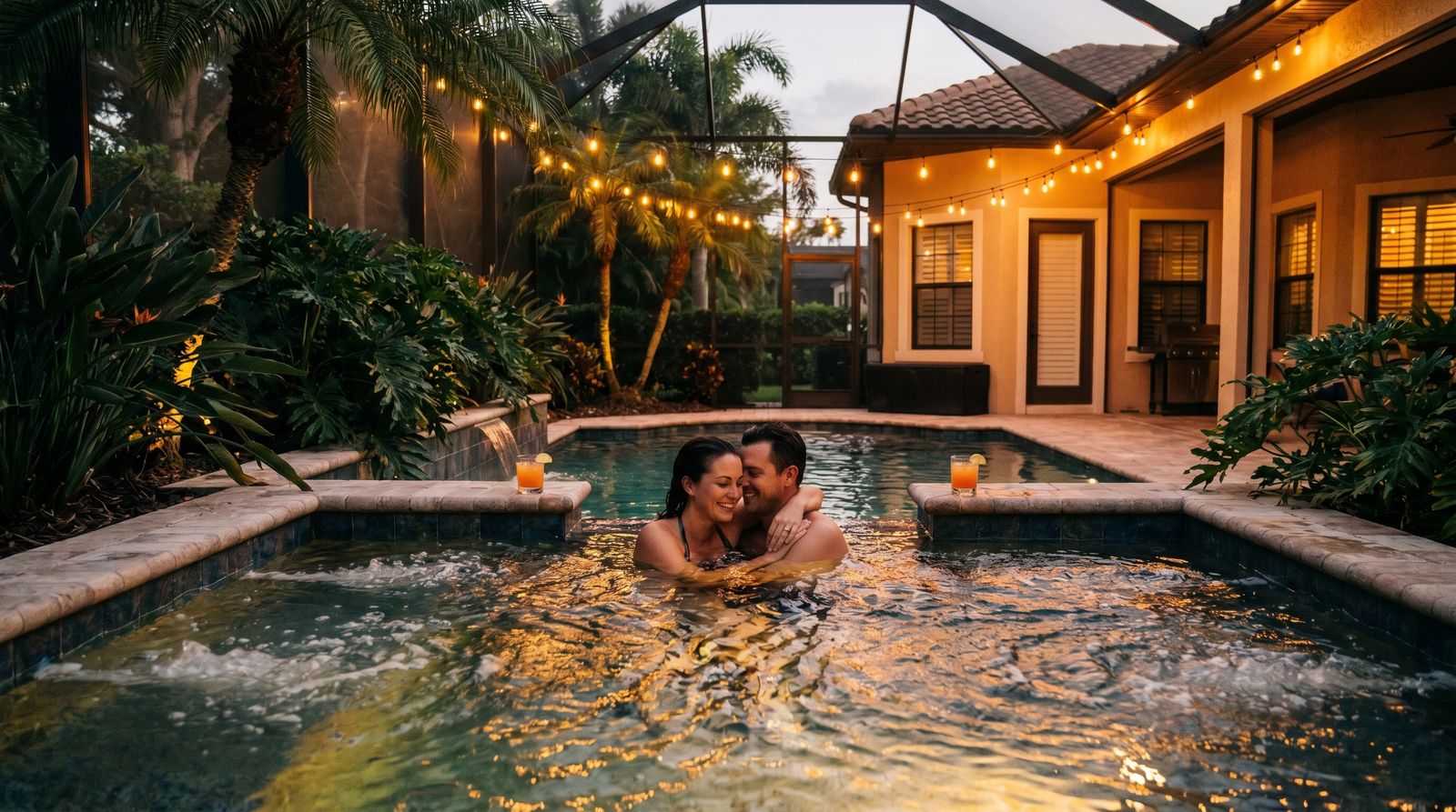 Private pool at a Miramar Beach Florida vacation rental home with lounge chairs and tropical landscaping glowing in late afternoon golden light