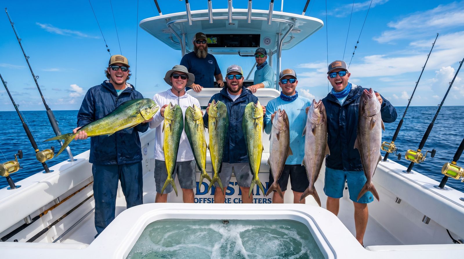 Men on a deep-sea fishing charter holding large red snapper catches off the coast of Destin Florida
