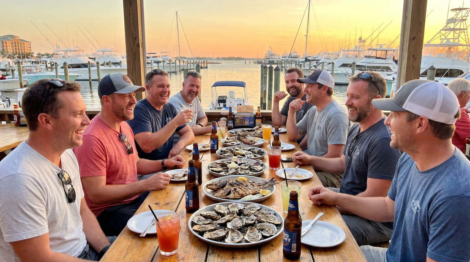 Group of men gathered around platters of fresh seafood and cold drinks at a waterfront restaurant in Destin Florida