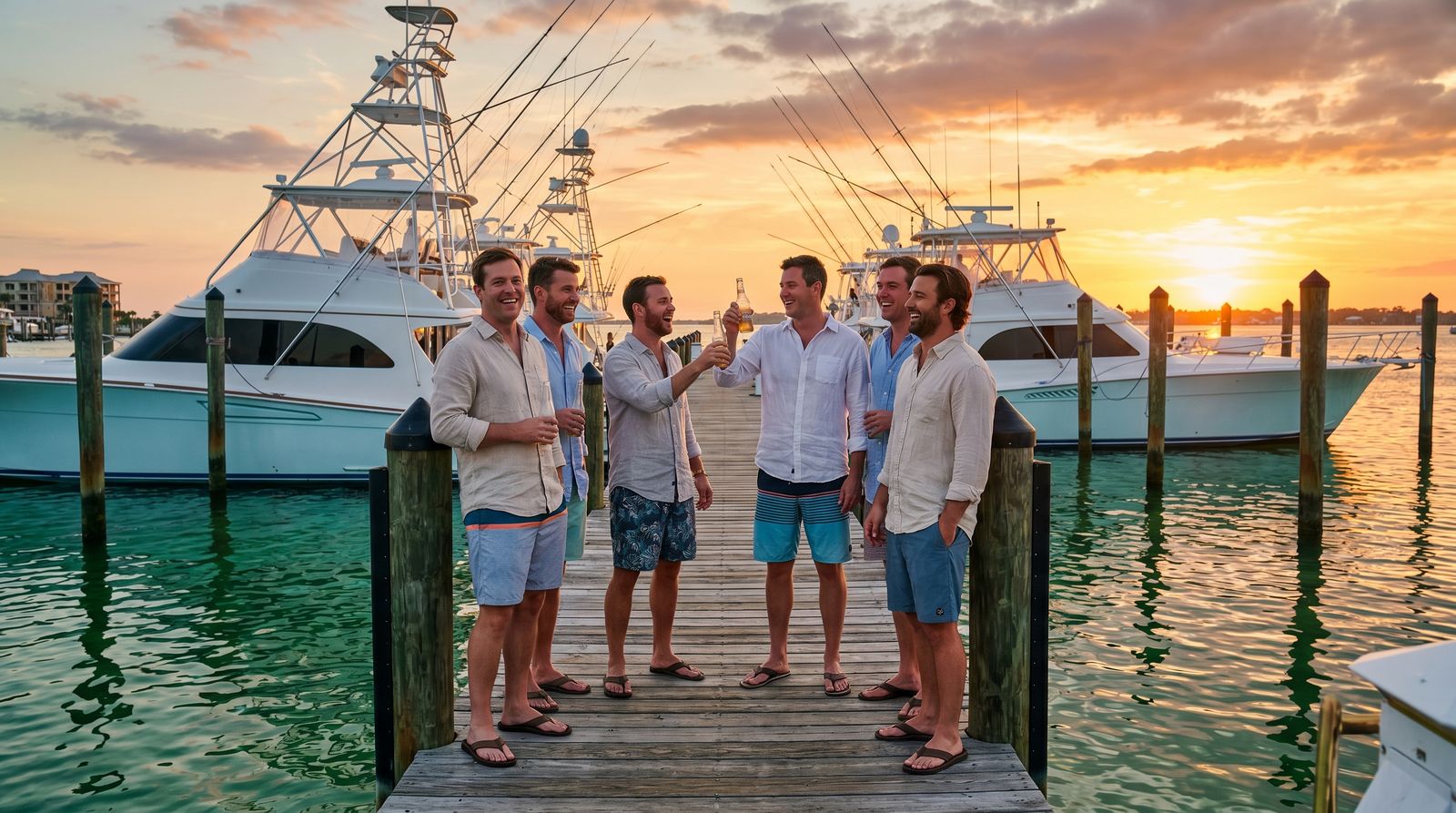 Group of men celebrating on a pontoon boat on Destin's emerald green Gulf water