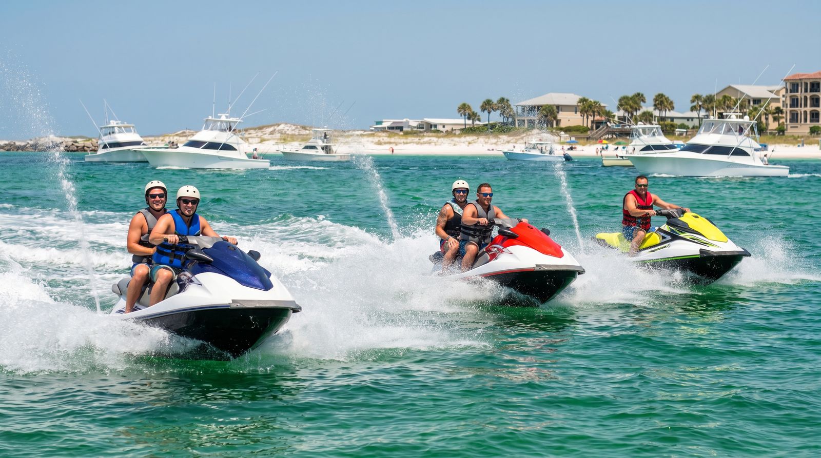 Group of men on jet skis and pontoon boats on the emerald waters of Destin Harbor Florida
