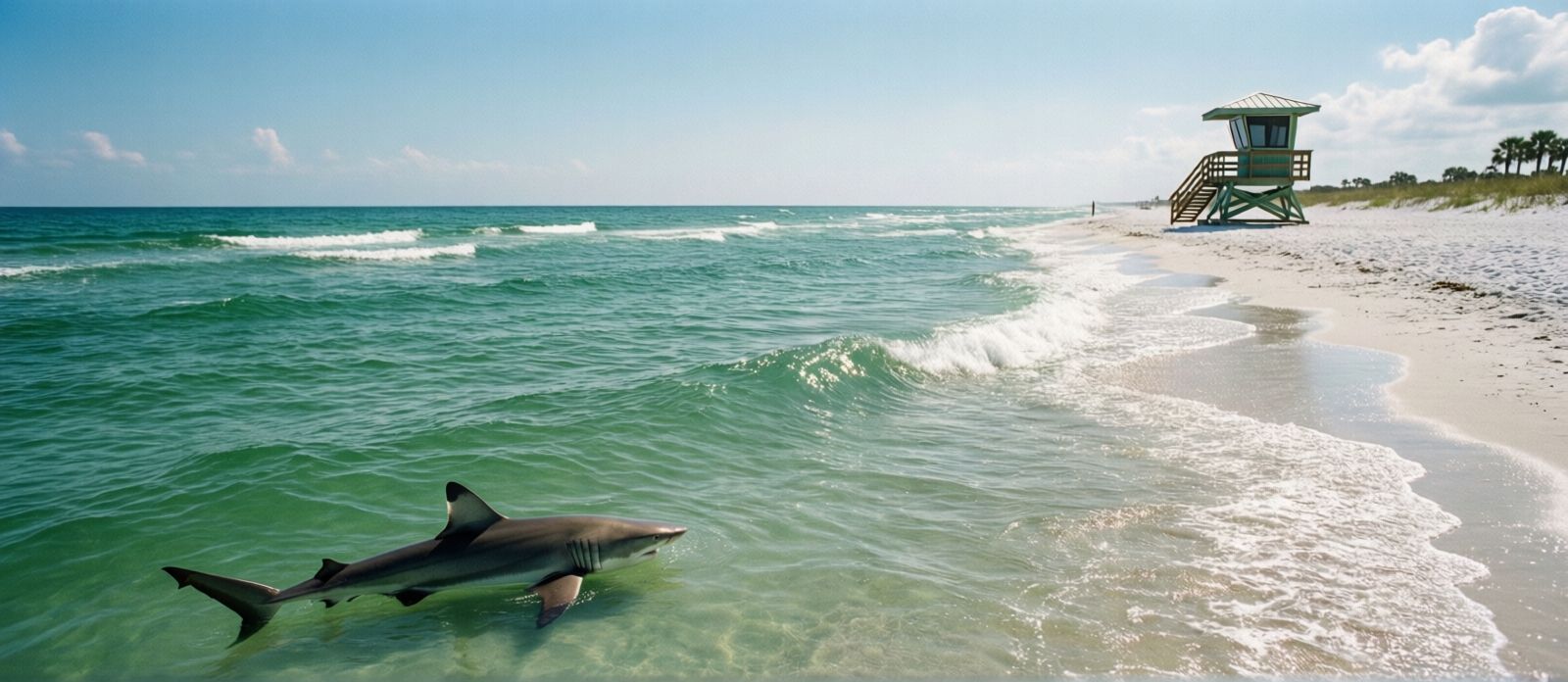 Calm emerald-green Gulf water at a Destin Florida beach with gentle waves, a lifeguard stand visible in the background on a sunny summer day