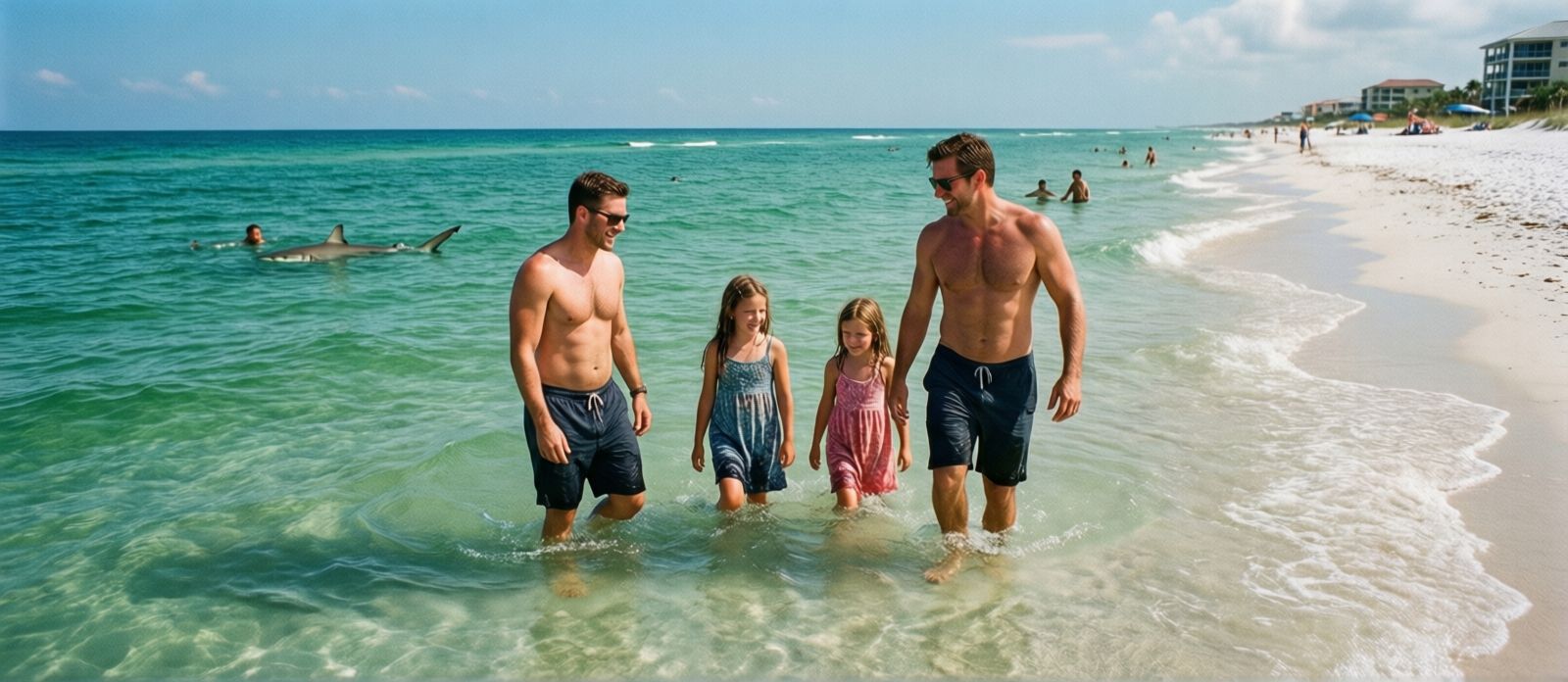 Family wading in clear shallow emerald-green Gulf water at a Destin Florida beach, relaxed and smiling on a sunny summer afternoon