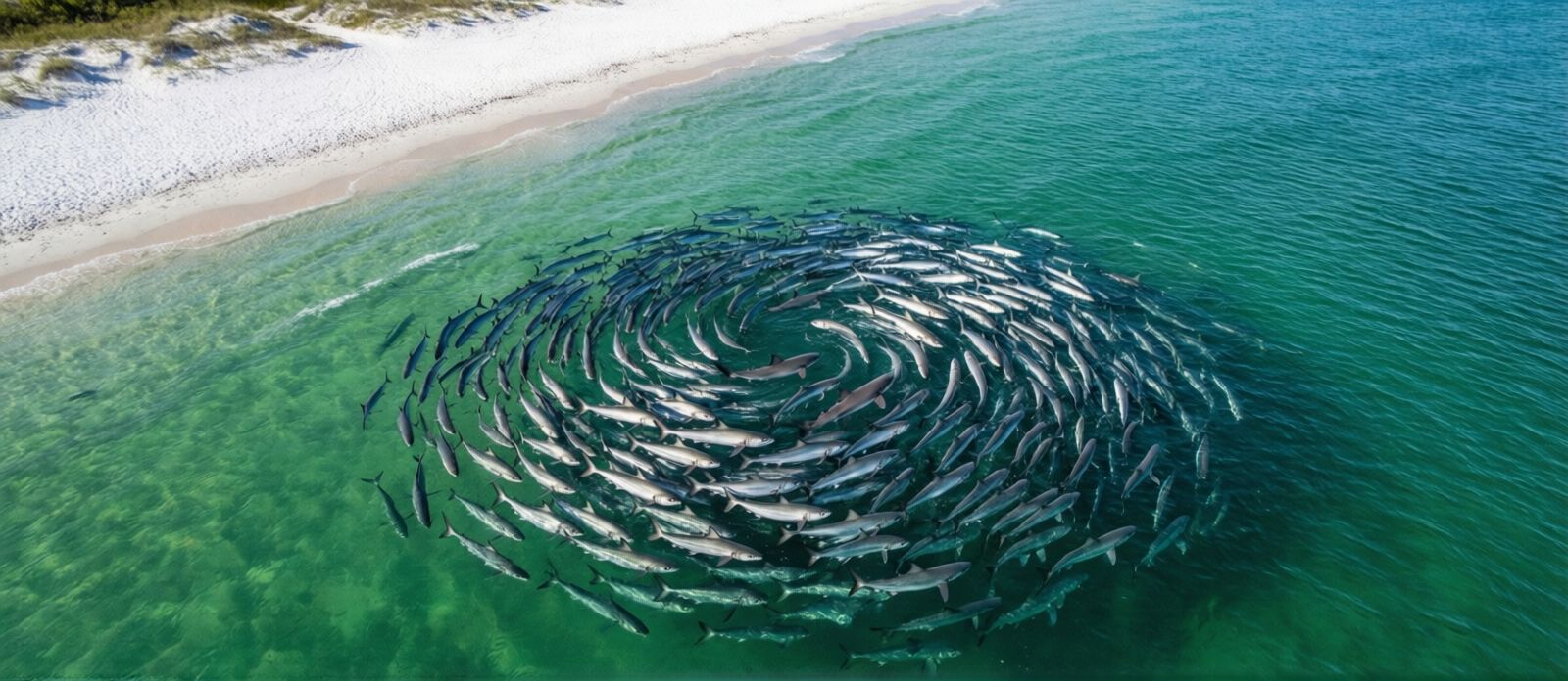 Aerial drone view of a school of silvery baitfish swirling just below the clear emerald-turquoise surface of the Gulf of Mexico near a Florida Panhandle beach