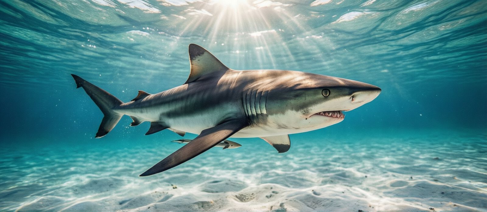 Blacktip shark swimming through clear shallow Gulf of Mexico water, sunlight filtering from the surface above