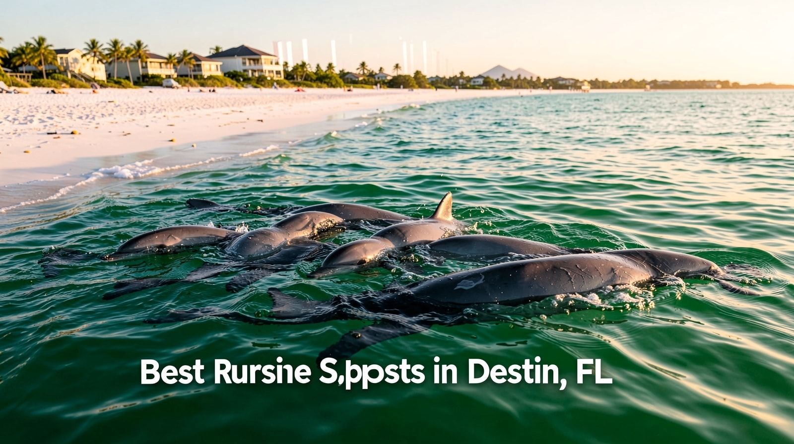 Bottlenose dolphins swimming through emerald Gulf water close to Destin beach at dawn with golden morning light