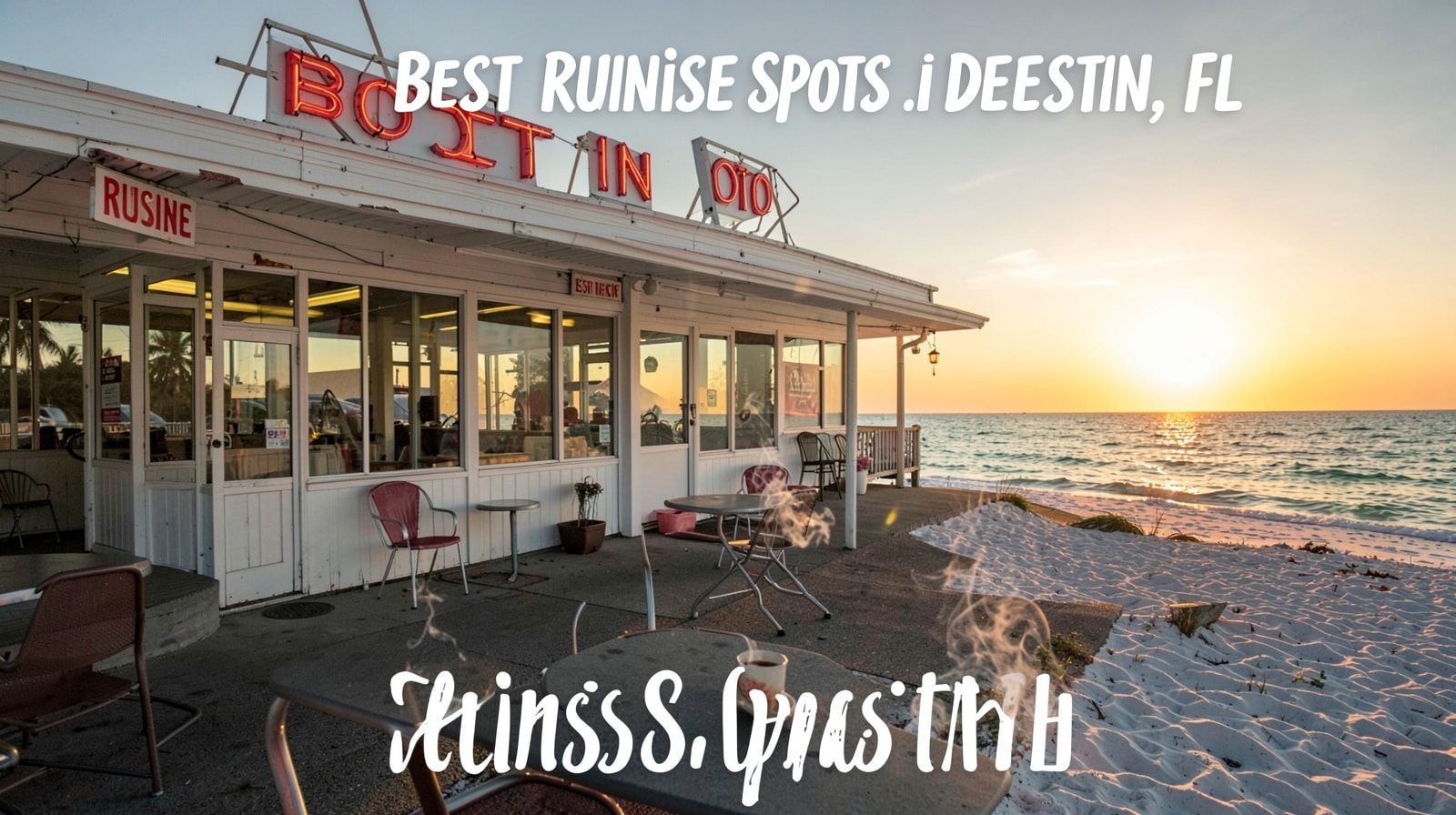 Classic Florida roadside diner in Destin in early morning golden light with steam rising from a coffee cup outside