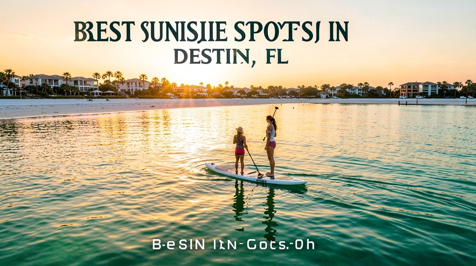 Woman stand-up paddleboarding on flat glassy bay water in Destin Florida at sunrise with golden morning light reflecting on the water