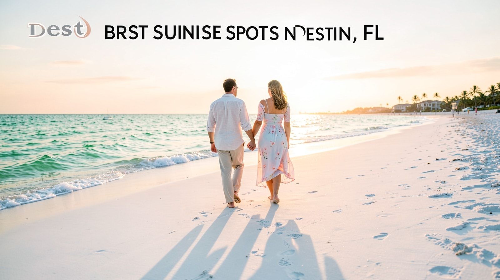 Couple walking on empty Destin Florida beach at first light of dawn with emerald Gulf water glowing in morning light