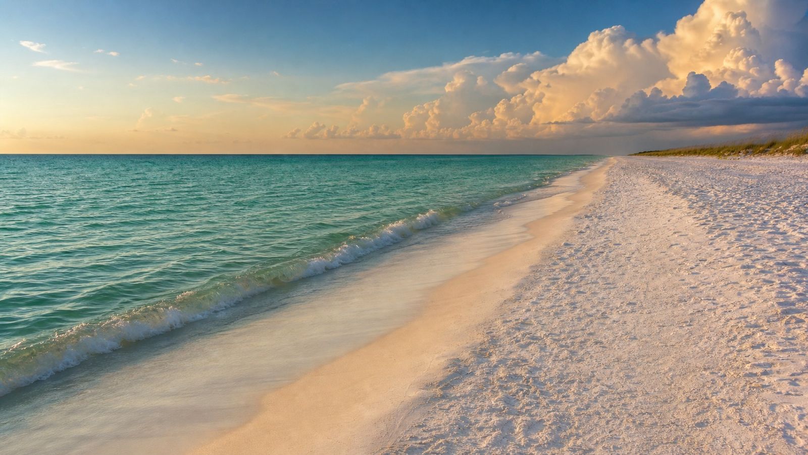 Nearly empty white sand beach on the Florida Panhandle in the off-season with emerald Gulf water and dramatic clouds